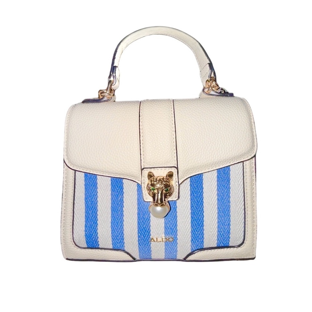 ALDO Women's Blue White Striped Mini Satchel Panther Pearl Top Handle 8" Bag